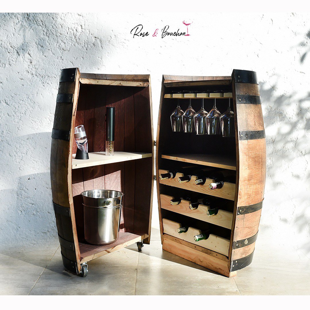 Tonneau Armoire en fût de chêne à roulettes (225 Litres )