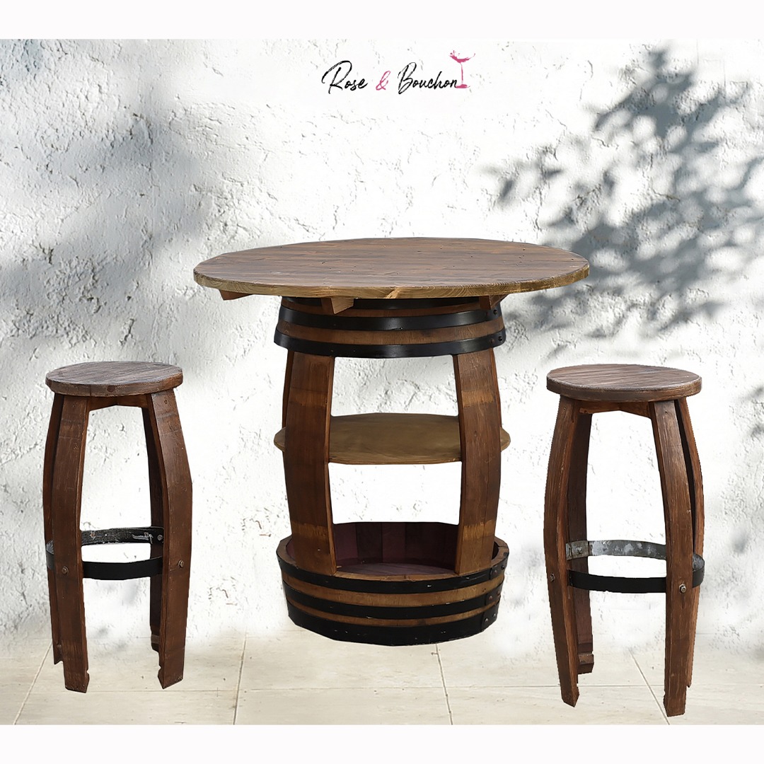Table Tonneau à deux rangements + 4 Tabourets avec lames en fût de chêne