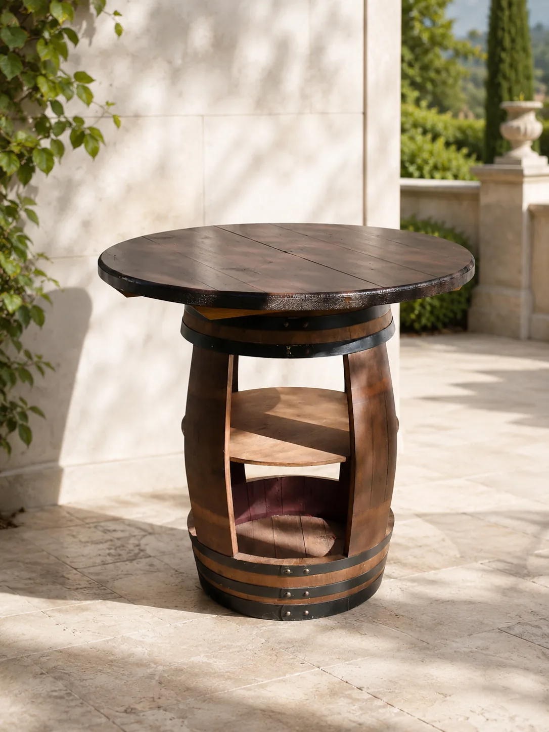 Rose et Bouchon | Table tonneau bois – 2 rangements pour bouteilles — produit
